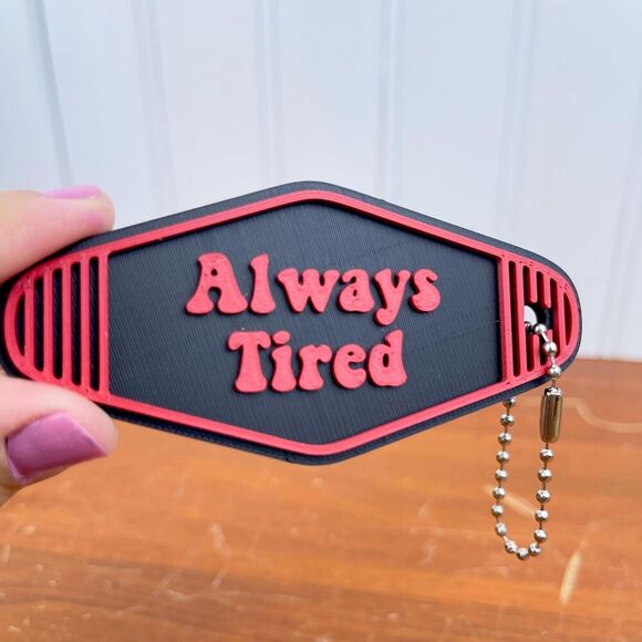 Retro Motel Keychain, Always Tired, Ballchain Keychain, Red and Black - Picture 2 of 6